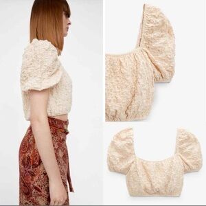 Zara Textured Puff Sleeves Crop Cream Color Top Size Large Boho